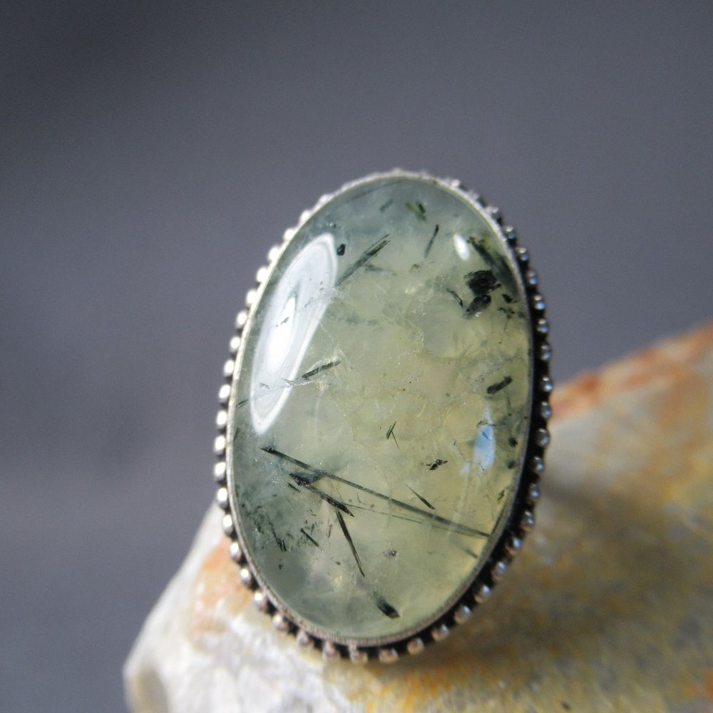 Moss Agate Cameo Ring, Sterling Silver Oval Cabochon